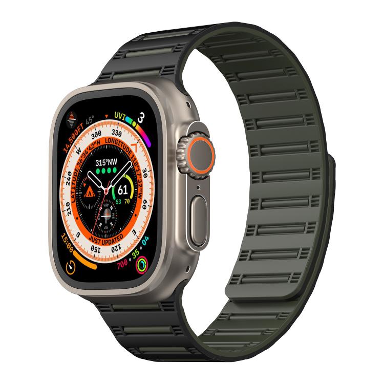For Apple Watch 46mm / 49mm / 45mm / 44mm Cylinder Magnetic Two-color Loop Silicone Watch Band(Black Army Green) - Watch Bands by buy2fix | Online Shopping UK | buy2fix