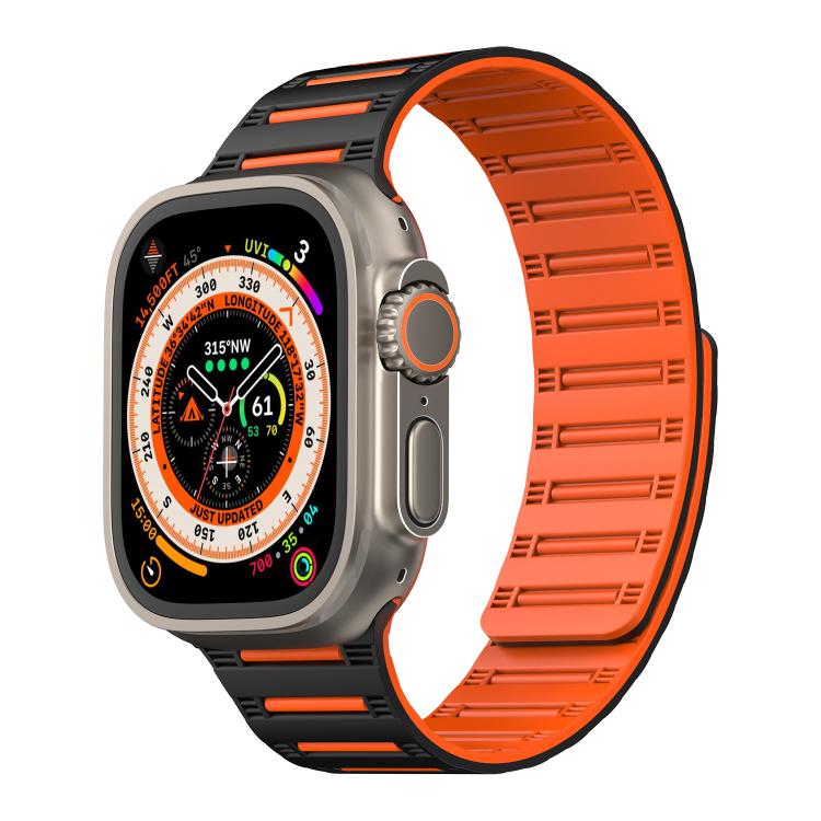For Apple Watch 46mm / 49mm / 45mm / 44mm Cylinder Magnetic Two-color Loop Silicone Watch Band(Black Orange) - Watch Bands by buy2fix | Online Shopping UK | buy2fix