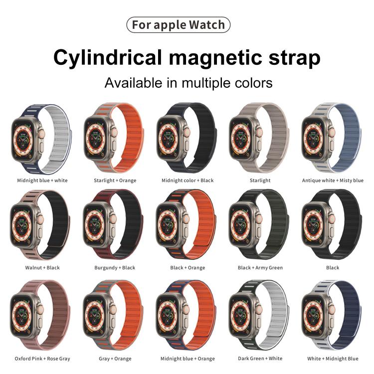 For Apple Watch 46mm / 49mm / 45mm / 44mm Cylinder Magnetic Two-color Loop Silicone Watch Band(Midnight Blue Orange) - Watch Bands by buy2fix | Online Shopping UK | buy2fix