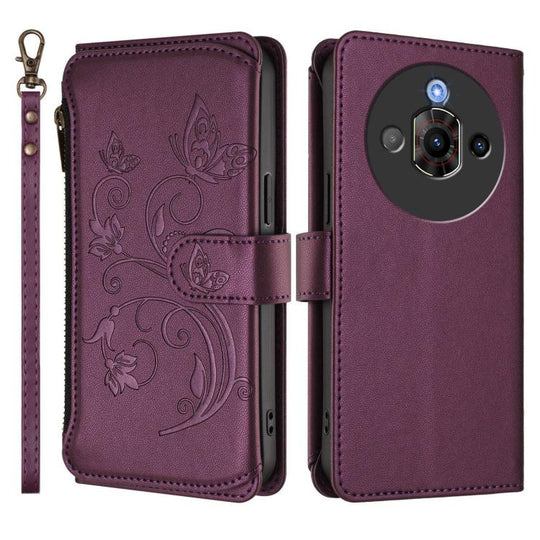 For ZTE nubia Focus Pro 5G Butterfly Love Flower Multi-card Zipper Wallet Leather Phone Case(Dark Purple)