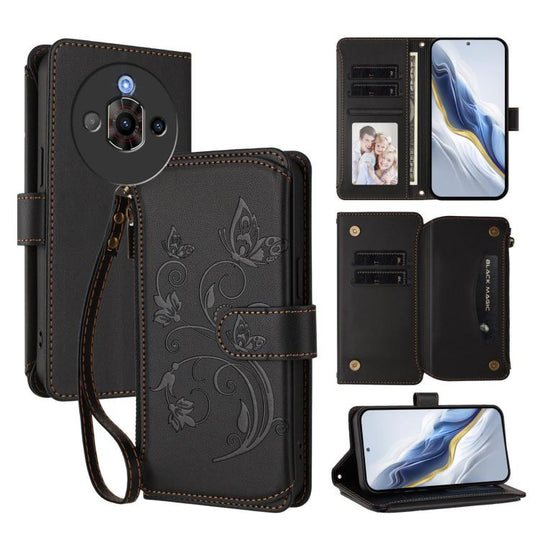 For ZTE nubia Focus Pro 5G Butterfly Love Flower Multi-card Zipper Wallet Leather Phone Case(Black)