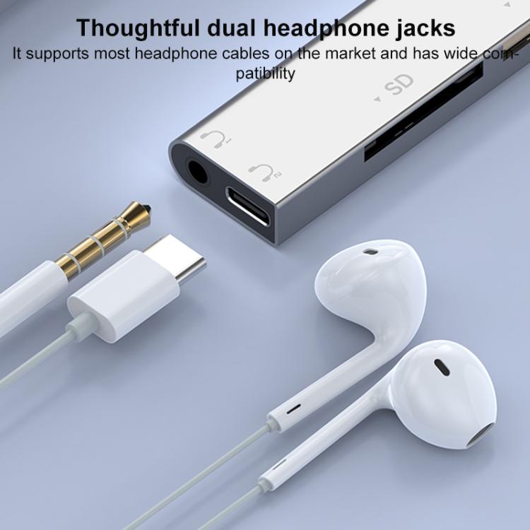 USB / Type-C / 8 Pin to CF / TF / SD Card Reader, 3.5mm HUB Adapter 6 in 1 Docking Station(Silver) - USB 3.0 HUB by buy2fix | Online Shopping UK | buy2fix