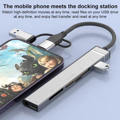 USB / Type-C / 8 Pin to CF / TF / SD Card Reader, 3.5mm HUB Adapter 6 in 1 Docking Station(Grey) - USB 3.0 HUB by buy2fix | Online Shopping UK | buy2fix