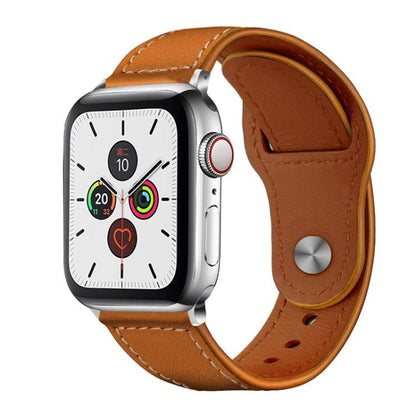 For Apple Watch 42 / 44 / 45 / 46 / 49mm xDfind Rivet Buckle Genuine Leather Watch Band(Brown White Thread) - Watch Bands by xDfind | Online Shopping UK | buy2fix