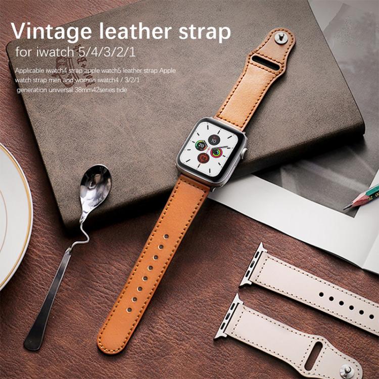 For Apple Watch 42 / 44 / 45 / 46 / 49mm xDfind Rivet Buckle Genuine Leather Watch Band(Brown White Thread) - Watch Bands by xDfind | Online Shopping UK | buy2fix