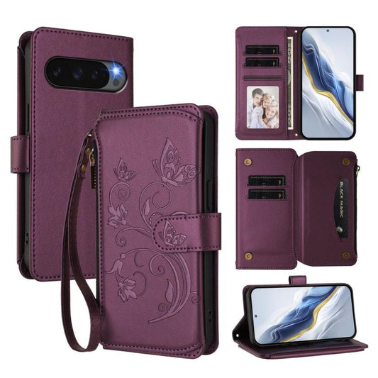For Google Pixel 10 / 10 Pro / 9 Pro Butterfly Love Flower Multi-card Zipper Wallet Leather Phone Case(Dark Purple) - Google Cases by buy2fix | Online Shopping UK | buy2fix