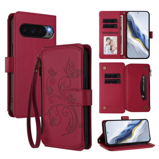 For Google Pixel 10 / 10 Pro / 9 Pro Butterfly Love Flower Multi-card Zipper Wallet Leather Phone Case(Wine Red) - Google Cases by buy2fix | Online Shopping UK | buy2fix