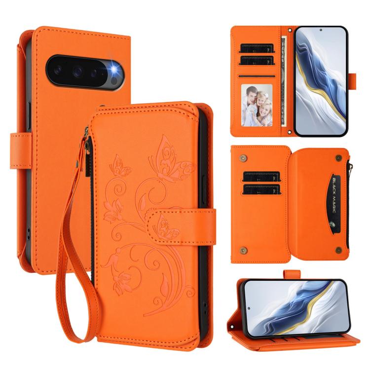 For Google Pixel 10 / 10 Pro / 9 Pro Butterfly Love Flower Multi-card Zipper Wallet Leather Phone Case(Orange) - Google Cases by buy2fix | Online Shopping UK | buy2fix