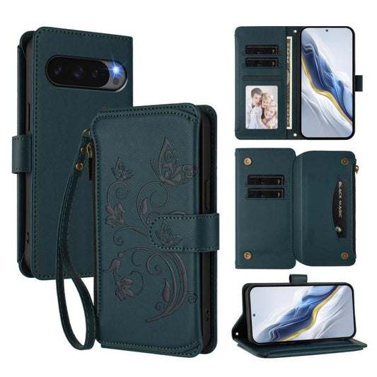 For Google Pixel 10 / 10 Pro / 9 Pro Butterfly Love Flower Multi-card Zipper Wallet Leather Phone Case(Dark Green) - Google Cases by buy2fix | Online Shopping UK | buy2fix