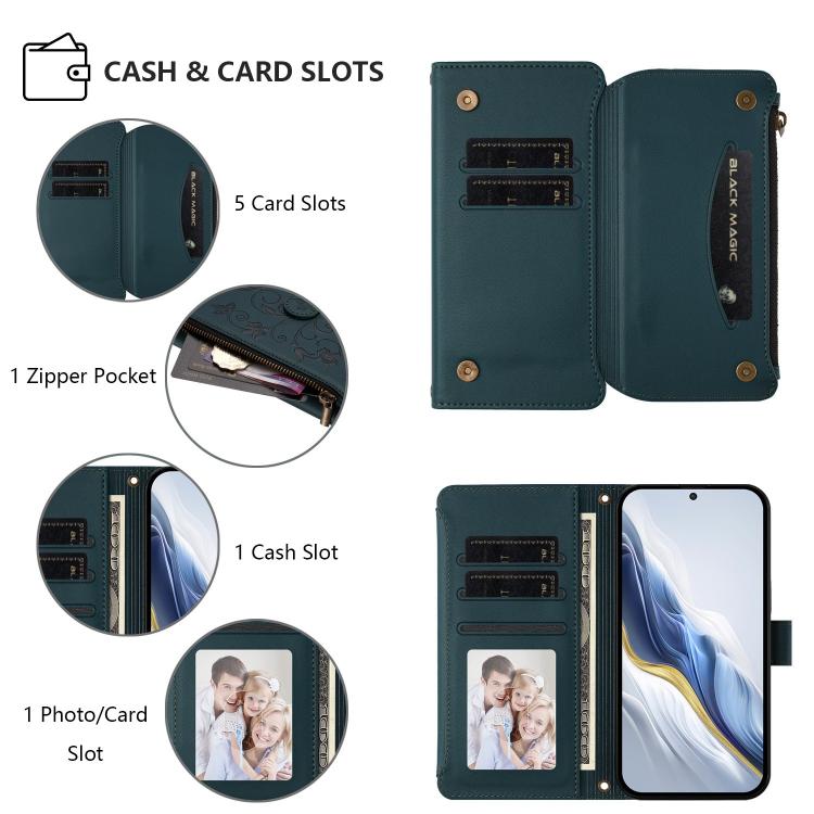 For Google Pixel 10 / 10 Pro / 9 Pro Butterfly Love Flower Multi-card Zipper Wallet Leather Phone Case(Dark Green) - Google Cases by buy2fix | Online Shopping UK | buy2fix