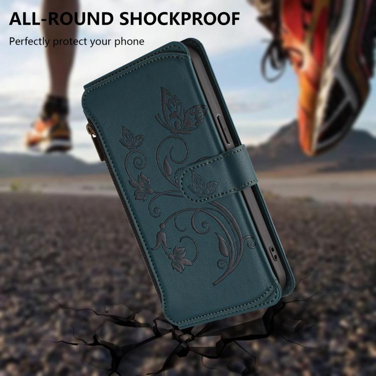 For Google Pixel 10 / 10 Pro / 9 Pro Butterfly Love Flower Multi-card Zipper Wallet Leather Phone Case(Dark Green) - Google Cases by buy2fix | Online Shopping UK | buy2fix