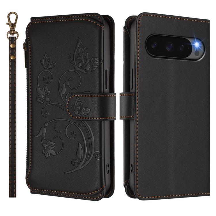 For Google Pixel 10 / 10 Pro / 9 Pro Butterfly Love Flower Multi-card Zipper Wallet Leather Phone Case(Black) - Google Cases by buy2fix | Online Shopping UK | buy2fix