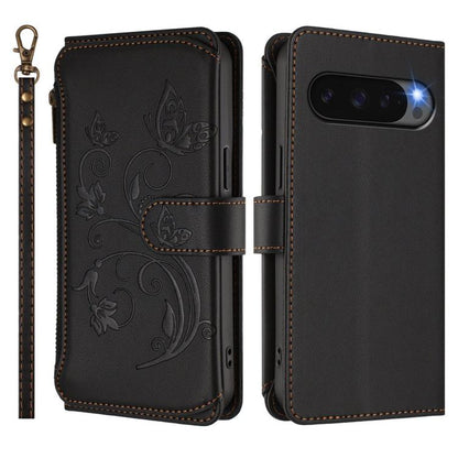 For Google Pixel 10 / 10 Pro / 9 Pro Butterfly Love Flower Multi-card Zipper Wallet Leather Phone Case(Black) - Google Cases by buy2fix | Online Shopping UK | buy2fix