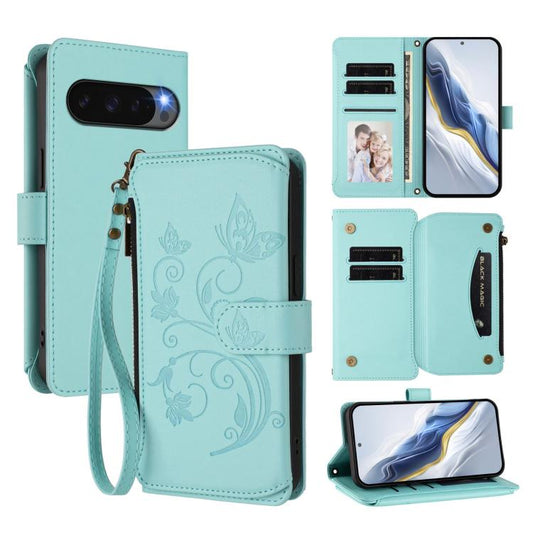 For Google Pixel 10 / 10 Pro / 9 Pro Butterfly Love Flower Multi-card Zipper Wallet Leather Phone Case(Mint Green) - Google Cases by buy2fix | Online Shopping UK | buy2fix