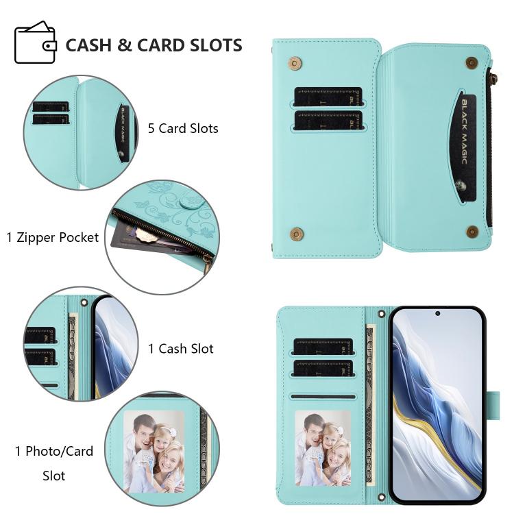 For Google Pixel 10 / 10 Pro / 9 Pro Butterfly Love Flower Multi-card Zipper Wallet Leather Phone Case(Mint Green) - Google Cases by buy2fix | Online Shopping UK | buy2fix