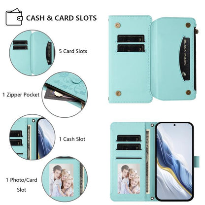 For Google Pixel 10 / 10 Pro / 9 Pro Butterfly Love Flower Multi-card Zipper Wallet Leather Phone Case(Mint Green) - Google Cases by buy2fix | Online Shopping UK | buy2fix