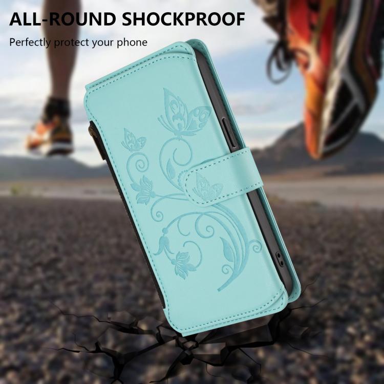 For Google Pixel 10 / 10 Pro / 9 Pro Butterfly Love Flower Multi-card Zipper Wallet Leather Phone Case(Mint Green) - Google Cases by buy2fix | Online Shopping UK | buy2fix