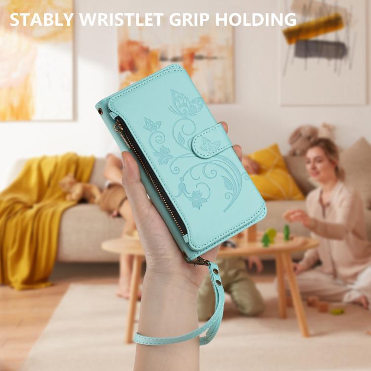 For Google Pixel 10 / 10 Pro / 9 Pro Butterfly Love Flower Multi-card Zipper Wallet Leather Phone Case(Mint Green) - Google Cases by buy2fix | Online Shopping UK | buy2fix