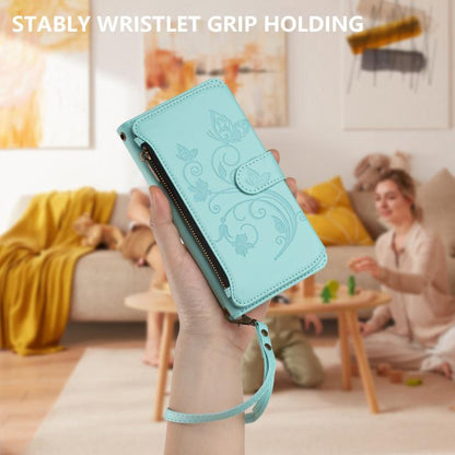 For Google Pixel 10 / 10 Pro / 9 Pro Butterfly Love Flower Multi-card Zipper Wallet Leather Phone Case(Mint Green) - Google Cases by buy2fix | Online Shopping UK | buy2fix