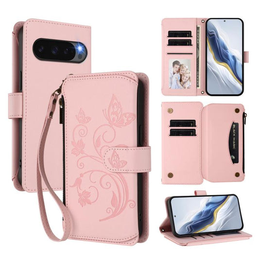 For Google Pixel 10 / 10 Pro / 9 Pro Butterfly Love Flower Multi-card Zipper Wallet Leather Phone Case(Pink) - Google Cases by buy2fix | Online Shopping UK | buy2fix