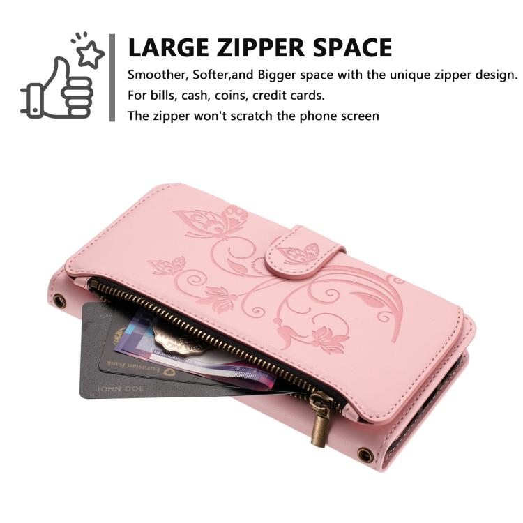 For Google Pixel 10 / 10 Pro / 9 Pro Butterfly Love Flower Multi-card Zipper Wallet Leather Phone Case(Pink) - Google Cases by buy2fix | Online Shopping UK | buy2fix