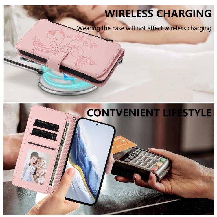For Google Pixel 10 / 10 Pro / 9 Pro Butterfly Love Flower Multi-card Zipper Wallet Leather Phone Case(Pink) - Google Cases by buy2fix | Online Shopping UK | buy2fix