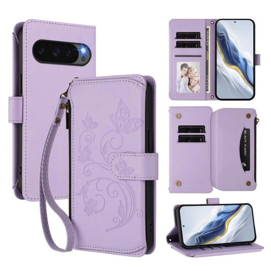 For Google Pixel 10 / 10 Pro / 9 Pro Butterfly Love Flower Multi-card Zipper Wallet Leather Phone Case(Light Purple) - Google Cases by buy2fix | Online Shopping UK | buy2fix