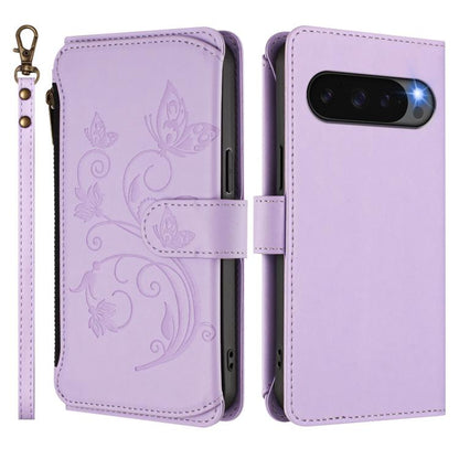 For Google Pixel 10 / 10 Pro / 9 Pro Butterfly Love Flower Multi-card Zipper Wallet Leather Phone Case(Light Purple) - Google Cases by buy2fix | Online Shopping UK | buy2fix