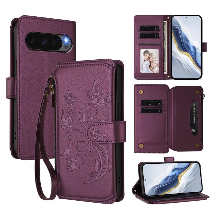 For Google Pixel 10 Pro XL / 9 Pro XL Butterfly Love Flower Multi-card Zipper Wallet Leather Phone Case(Dark Purple) - Google Cases by buy2fix | Online Shopping UK | buy2fix