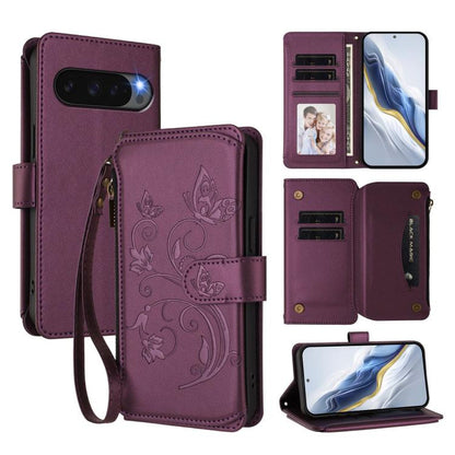 For Google Pixel 10 Pro XL / 9 Pro XL Butterfly Love Flower Multi-card Zipper Wallet Leather Phone Case(Dark Purple) - Google Cases by buy2fix | Online Shopping UK | buy2fix
