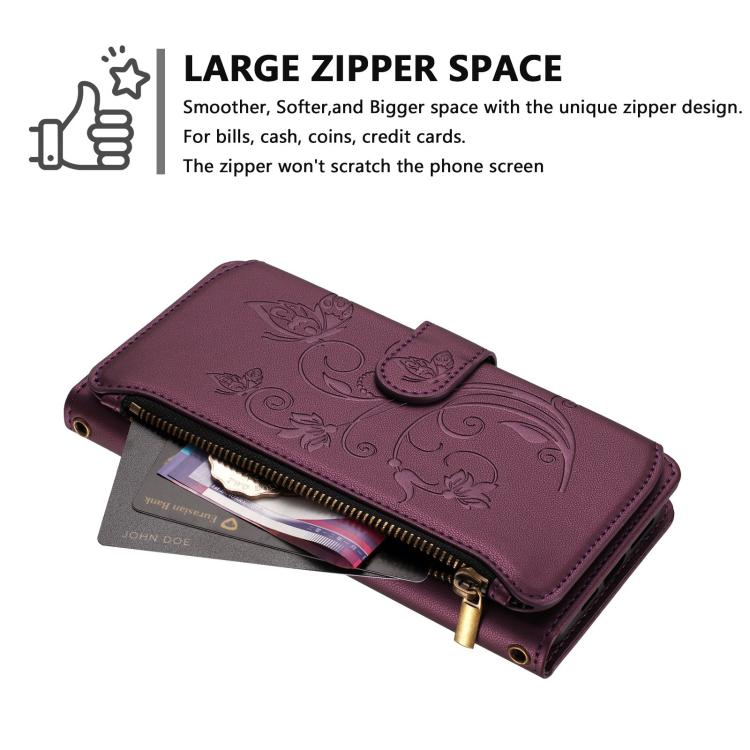 For Google Pixel 10 Pro XL / 9 Pro XL Butterfly Love Flower Multi-card Zipper Wallet Leather Phone Case(Dark Purple) - Google Cases by buy2fix | Online Shopping UK | buy2fix
