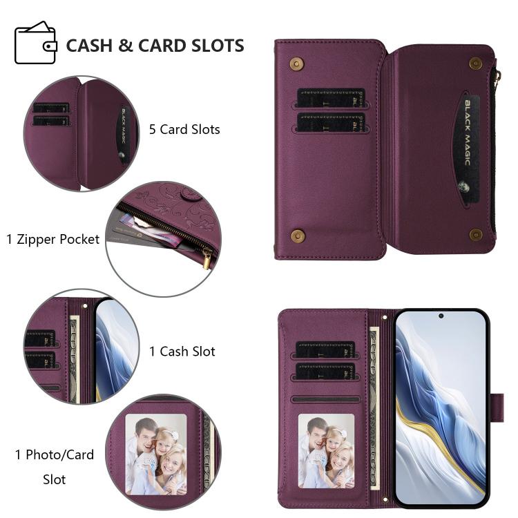 For Google Pixel 10 Pro XL / 9 Pro XL Butterfly Love Flower Multi-card Zipper Wallet Leather Phone Case(Dark Purple) - Google Cases by buy2fix | Online Shopping UK | buy2fix