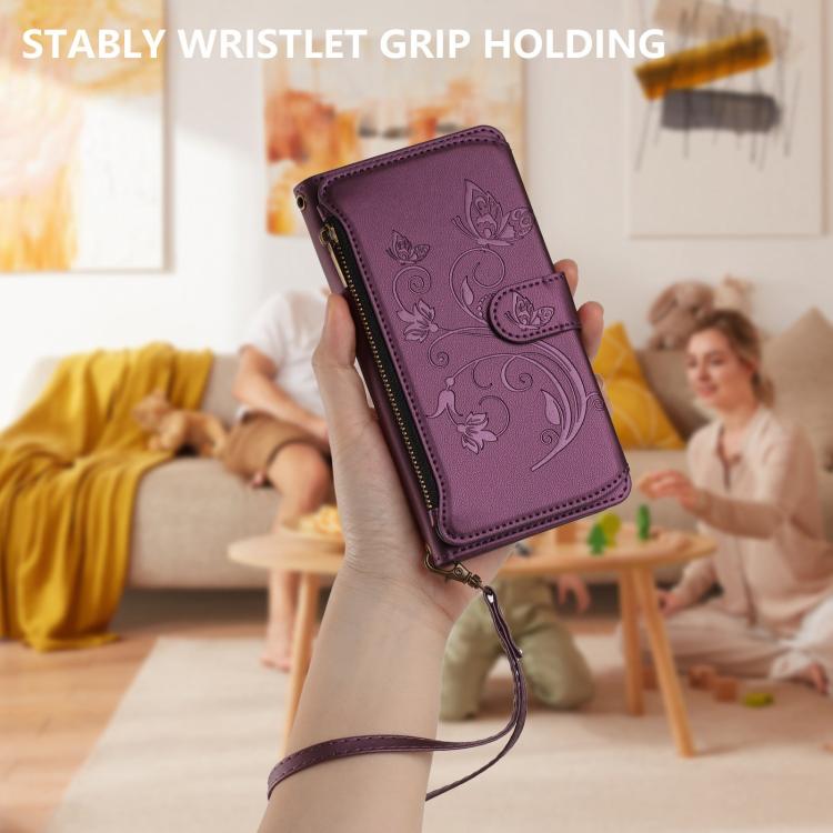 For Google Pixel 10 Pro XL / 9 Pro XL Butterfly Love Flower Multi-card Zipper Wallet Leather Phone Case(Dark Purple) - Google Cases by buy2fix | Online Shopping UK | buy2fix