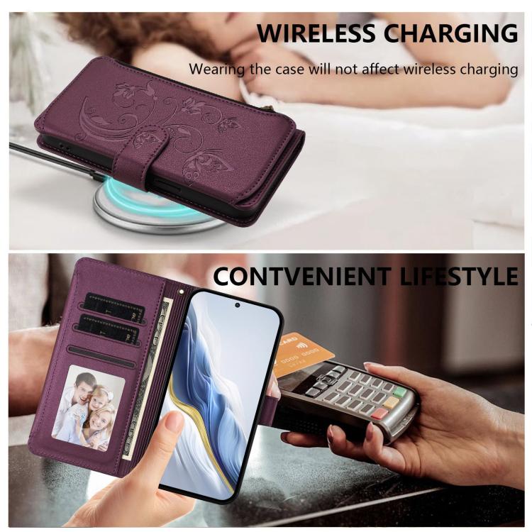 For Google Pixel 10 Pro XL / 9 Pro XL Butterfly Love Flower Multi-card Zipper Wallet Leather Phone Case(Dark Purple) - Google Cases by buy2fix | Online Shopping UK | buy2fix