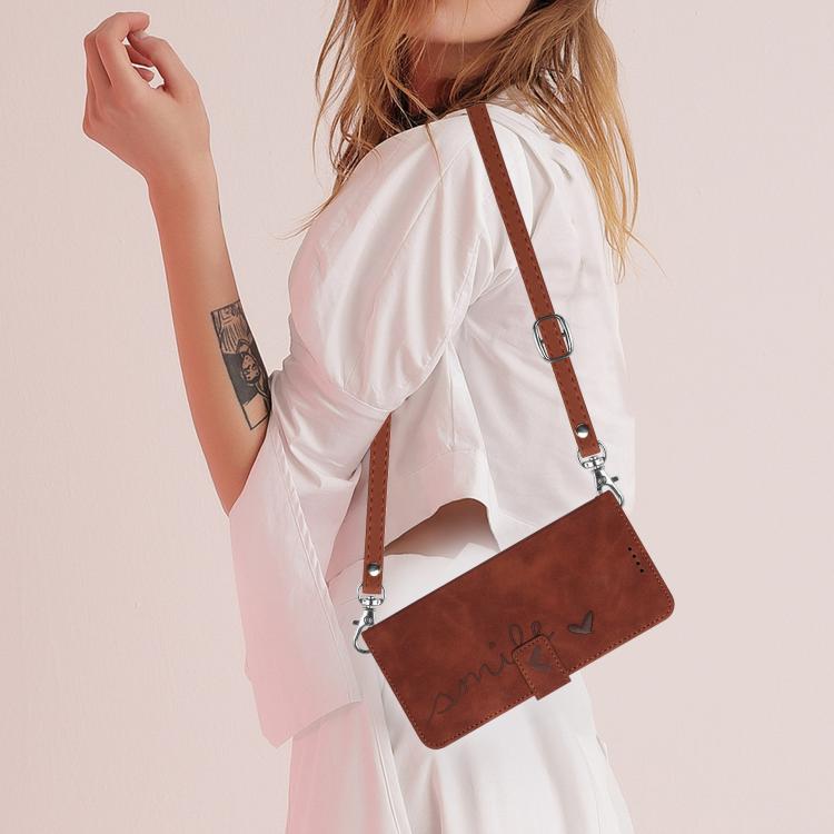 For iPhone Air Skin Feel Heart Embossed Leather Phone Case with Long Lanyard(Brown) - iPhone Air Cases by buy2fix | Online Shopping UK | buy2fix