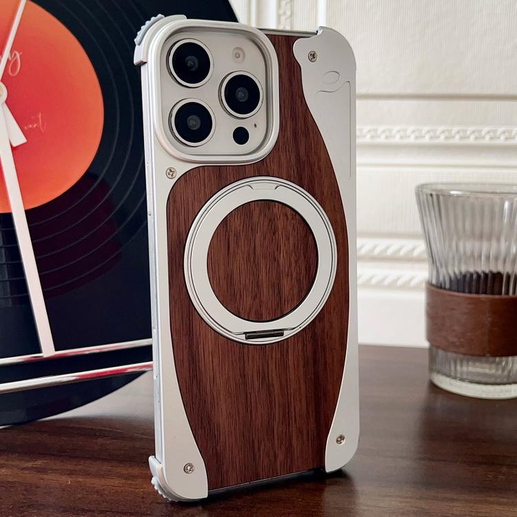 For iPhone 16 Pro Max Walnut Metal Frameless 360 Degree Rotation Holder MagSafe Phone Case(Silver) - iPhone 16 Pro Max Cases by buy2fix | Online Shopping UK | buy2fix