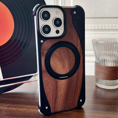 For iPhone 16 Pro Walnut Metal Frameless 360 Degree Rotation Holder MagSafe Phone Case(Black) - iPhone 16 Pro Cases by buy2fix | Online Shopping UK | buy2fix