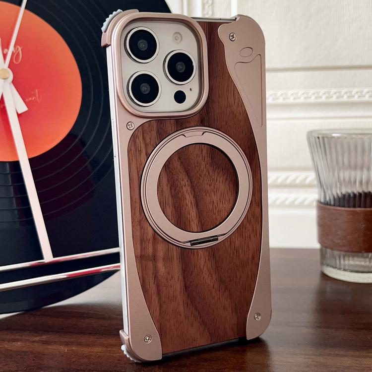 For iPhone 15 Pro Walnut Metal Frameless 360 Degree Rotation Holder MagSafe Phone Case(Dessert Gold) - iPhone 15 Pro Cases by buy2fix | Online Shopping UK | buy2fix