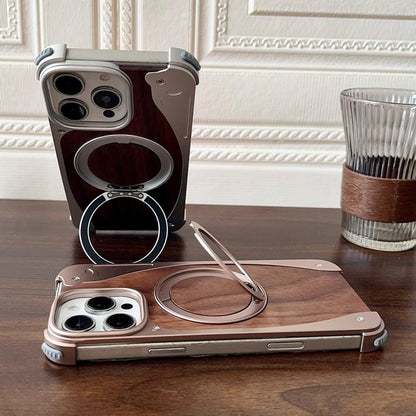 For iPhone 16 Pro Max Walnut Metal Frameless 360 Degree Rotation Holder MagSafe Phone Case(Silver) - iPhone 16 Pro Max Cases by buy2fix | Online Shopping UK | buy2fix