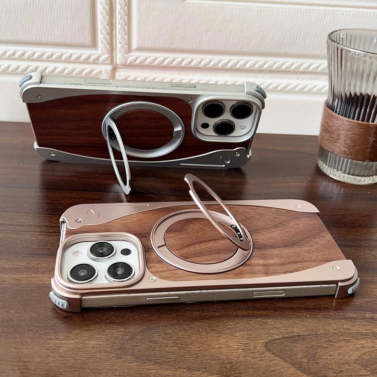 For iPhone 15 Pro Walnut Metal Frameless 360 Degree Rotation Holder MagSafe Phone Case(Titanium Color) - iPhone 15 Pro Cases by buy2fix | Online Shopping UK | buy2fix