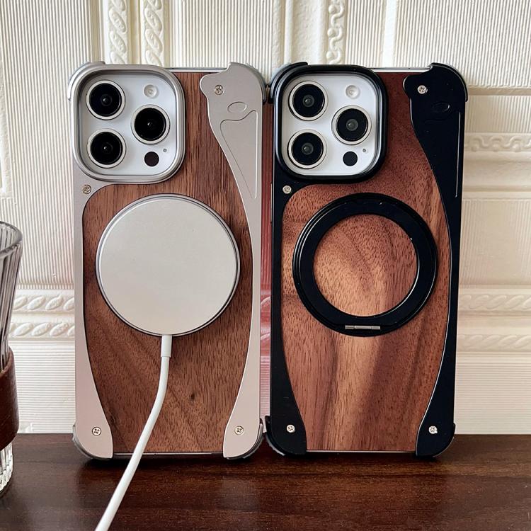 For iPhone 15 Pro Walnut Metal Frameless 360 Degree Rotation Holder MagSafe Phone Case(Dessert Gold) - iPhone 15 Pro Cases by buy2fix | Online Shopping UK | buy2fix