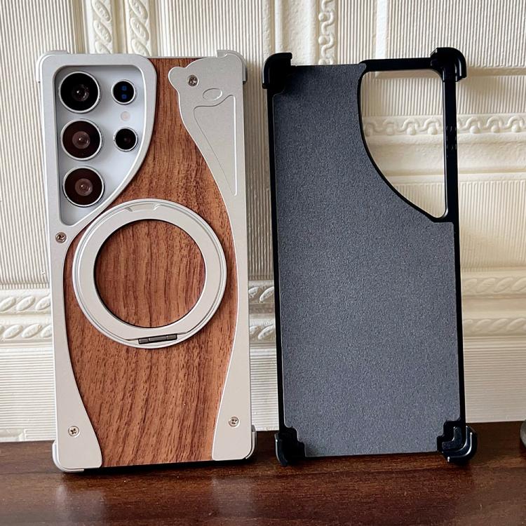 For Samsung Galaxy S23 Ultra 5G Walnut Metal Frameless 360 Degree Rotation Holder MagSafe Phone Case(Silver) - Galaxy S23 Ultra 5G Cases by buy2fix | Online Shopping UK | buy2fix