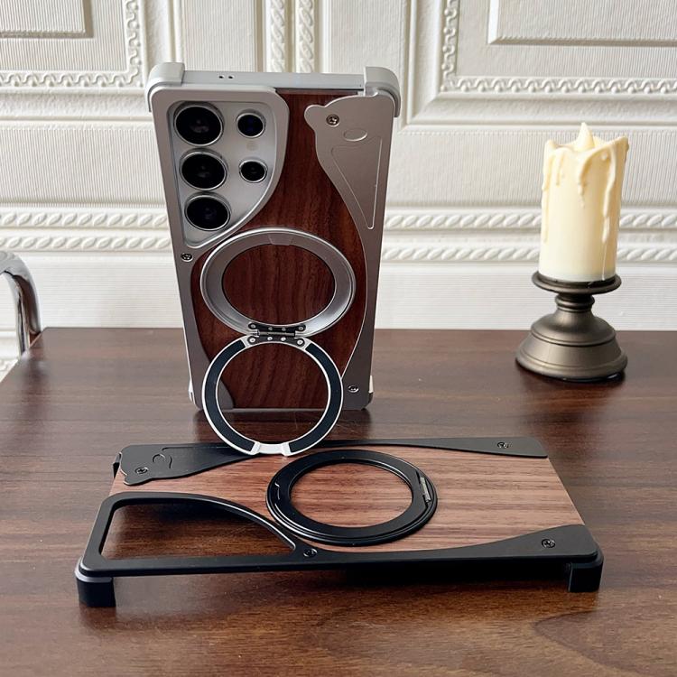 For Samsung Galaxy S23 Ultra 5G Walnut Metal Frameless 360 Degree Rotation Holder MagSafe Phone Case(Black) - Galaxy S23 Ultra 5G Cases by buy2fix | Online Shopping UK | buy2fix