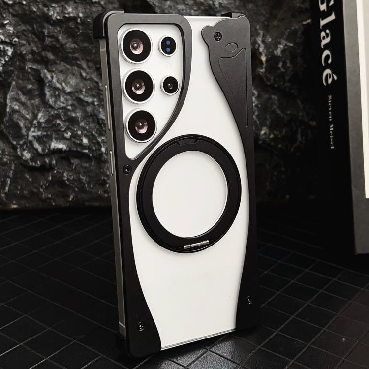 For Samsung Galaxy S25 Ultra 5G Metal Frameless 360 Degree Rotation Holder MagSafe Transparent Phone Case(Black) - Galaxy S25 Ultra 5G Cases by buy2fix | Online Shopping UK | buy2fix