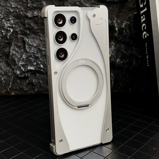 For Samsung Galaxy S24 Ultra 5G Metal Frameless 360 Degree Rotation Holder MagSafe Transparent Phone Case(Silver) - Galaxy S24 Ultra 5G Cases by buy2fix | Online Shopping UK | buy2fix