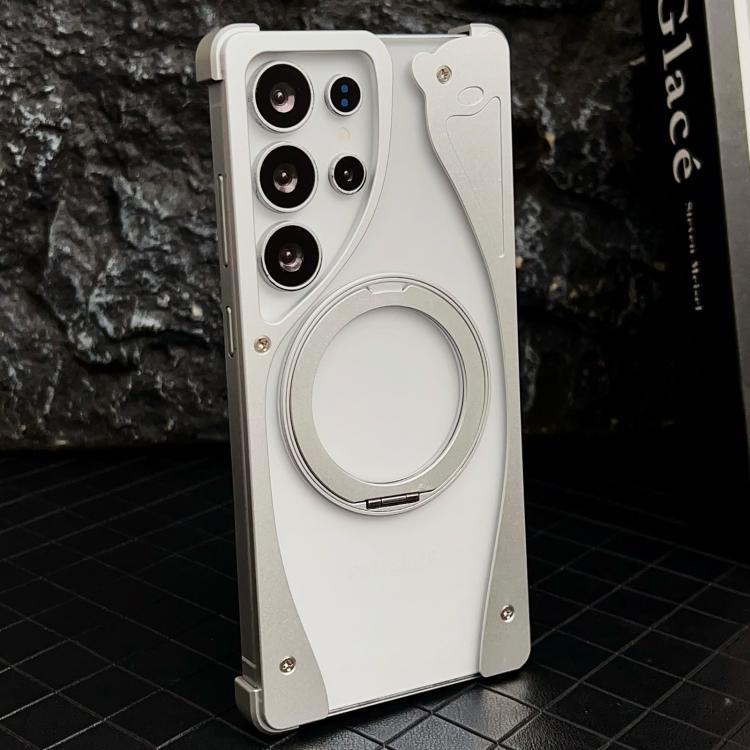 For Samsung Galaxy S23 Ultra 5G Metal Frameless 360 Degree Rotation Holder MagSafe Transparent Phone Case(Silver) - Galaxy S23 Ultra 5G Cases by buy2fix | Online Shopping UK | buy2fix