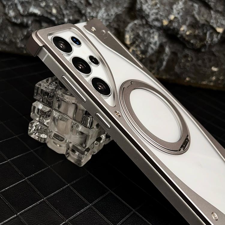 For Samsung Galaxy S25 Ultra 5G Metal Frameless 360 Degree Rotation Holder MagSafe Transparent Phone Case(Silver) - Galaxy S25 Ultra 5G Cases by buy2fix | Online Shopping UK | buy2fix