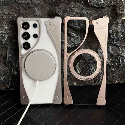 For Samsung Galaxy S24 Ultra 5G Metal Frameless 360 Degree Rotation Holder MagSafe Transparent Phone Case(Silver) - Galaxy S24 Ultra 5G Cases by buy2fix | Online Shopping UK | buy2fix