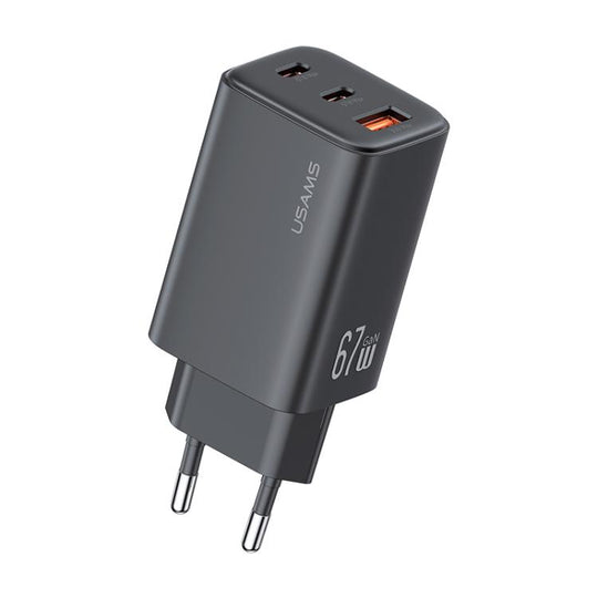 USAMS CC265 67W GaN 2 x Type-C, USB Triple-port Mini Fast Charger, Plug:EU Plug(Black)