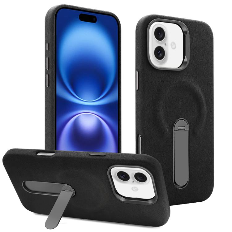For iPhone 16 VIETAO Suede MagSafe PU Leather Phone Case with Holder(Black) - iPhone 16 Cases by VIETAO | Online Shopping UK | buy2fix